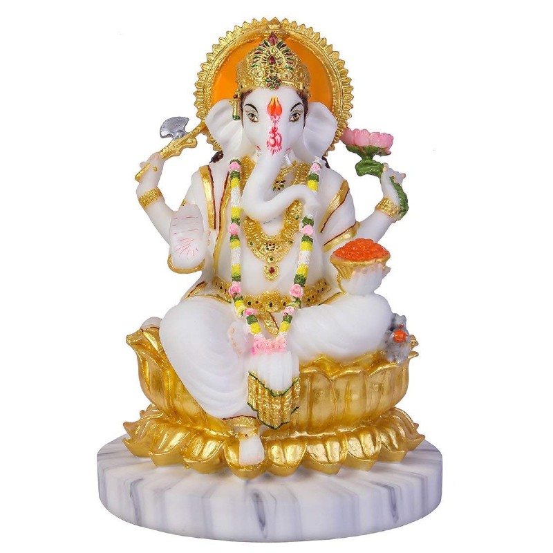 Murti for Pooja Room Ganesh Marble Idol Multi-Coloured-4 Inch Idols Home Decor Marble Statue White & Golden 