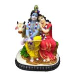 Hand Crafted Big Sitting Radha Krishna with Cow-Hindu God and Goddess Idol Statue (7")-Polyster Resin-Multicolour