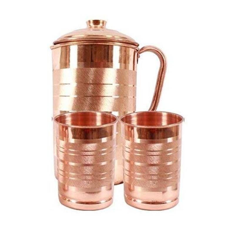 Pure Copper Water Pitcher Jug Set 2 Glasses Cup Tumbler Brown,Capacity- 1500 Ml 