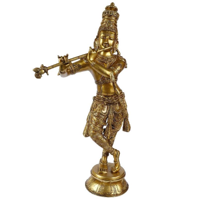 Large Krishna God Murti Brass Metal Statue of Love Flute Playing Home Décor  (Gold, Height 23 Inch) - IndiBasket