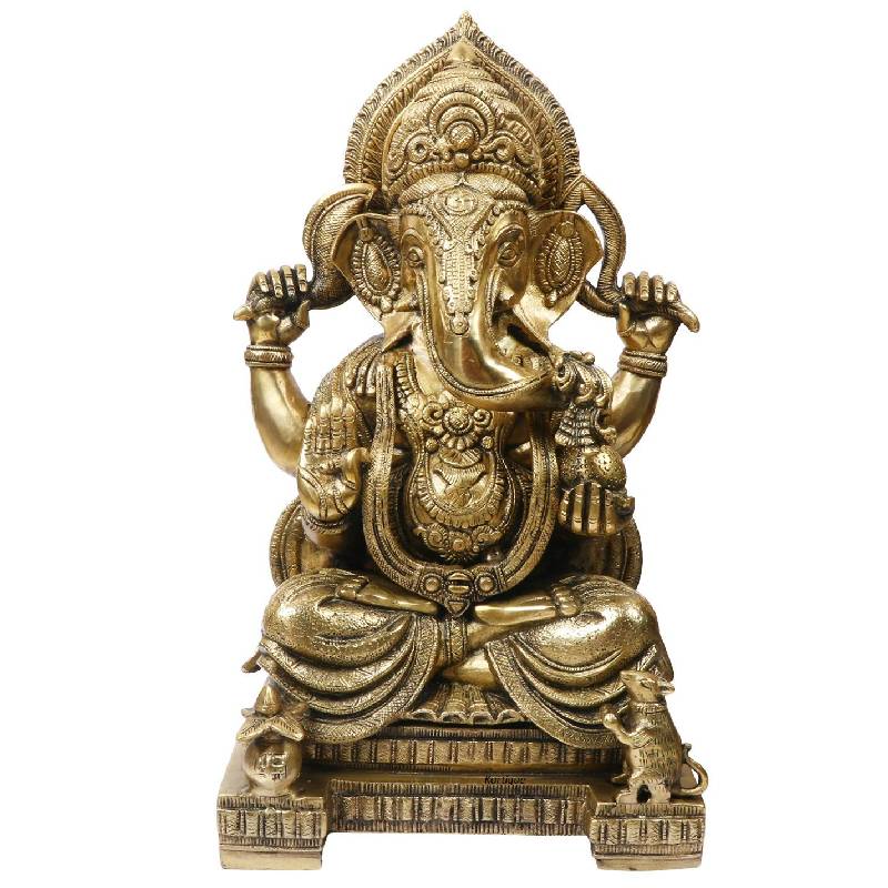 Brass Lord Ganesh Bhagwan Murti Sitting in Blessing Posture with ...