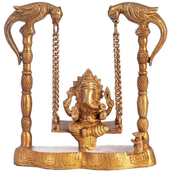 brass ganesha murti statue on parrot swing height 7.7 inches