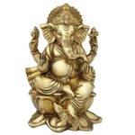 brass ganesha sitting on lotus flower base statue for home temple, height :11" inch