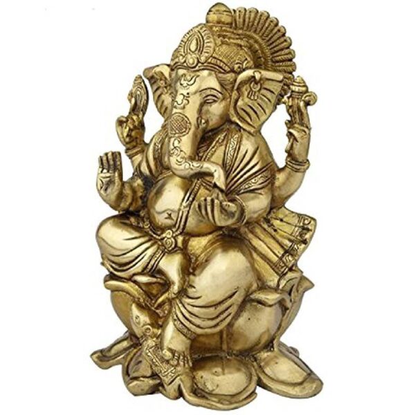 brass ganesha sitting on lotus flower base statue for home temple, height :11" inch