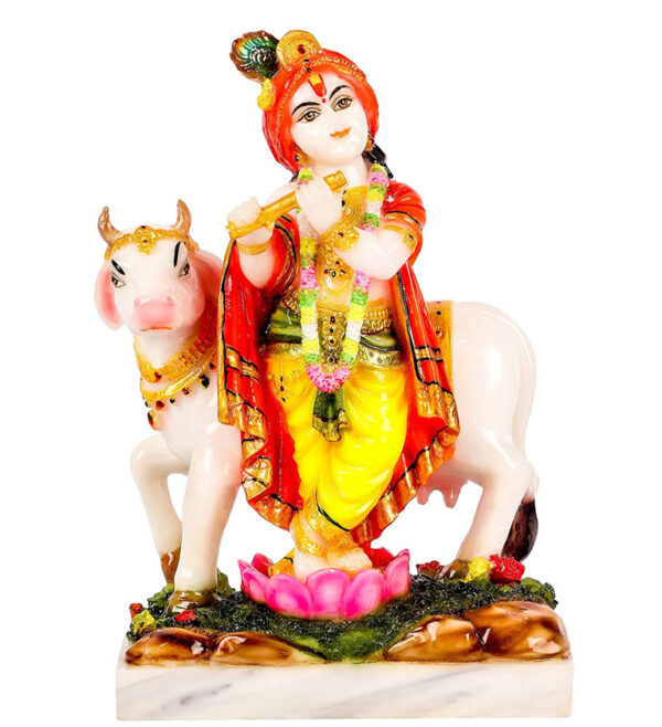 krishna with cow marble dust idol/ lord krishna with cow statue 9 inch (multi colour)