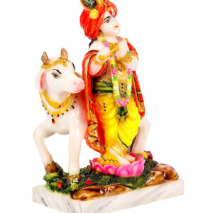 krishna with cow marble dust idol/ lord krishna with cow statue 9 inch (multi colour)