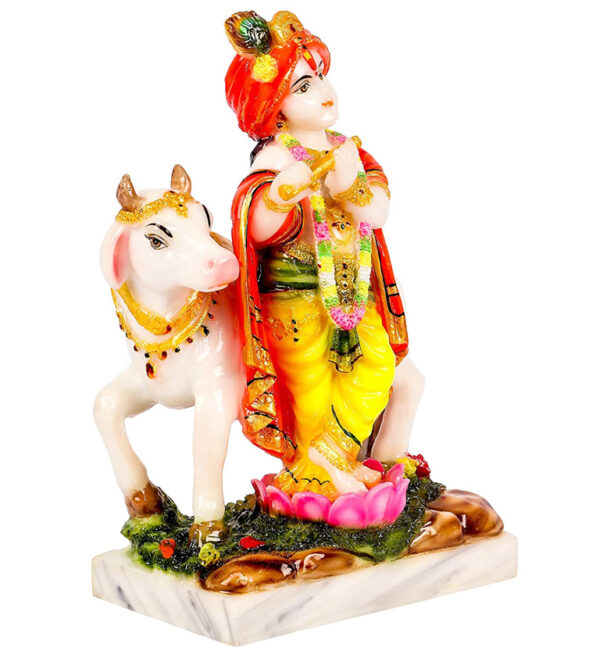 krishna with cow marble dust idol/ lord krishna with cow statue 9 inch (multi colour)