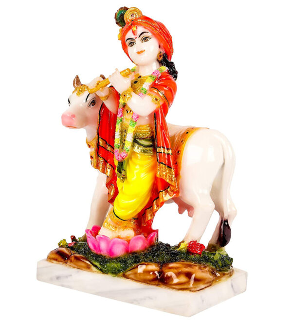 krishna with cow marble dust idol/ lord krishna with cow statue 9 inch (multi colour)