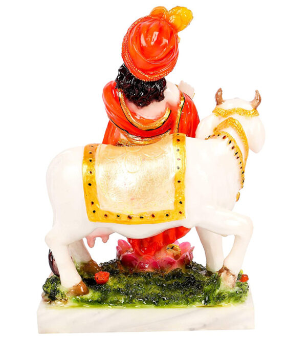 krishna with cow marble dust idol/ lord krishna with cow statue 9 inch (multi colour)