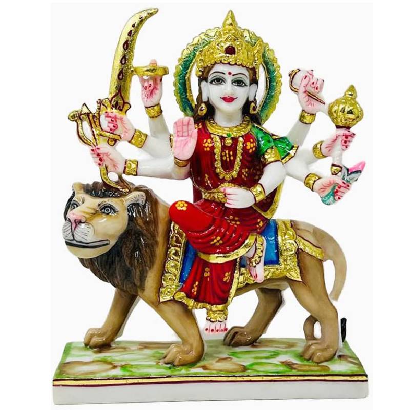 goddess durga mata sitting on lion statue/ mata sherawali idol, multicolor, 11.5 inches (composite marble)