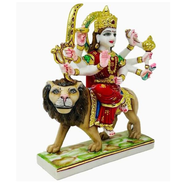 goddess durga mata sitting on lion statue/ mata sherawali idol, multicolor, 11.5 inches (composite marble)