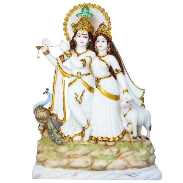 radha krishna marble dust idol/ radhey shyam idol, white & gold, 18 inches