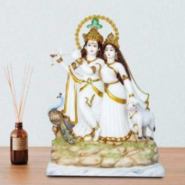 radha krishna marble dust idol/ radhey shyam idol, white & gold, 18 inches