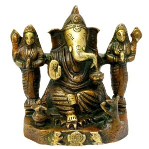 lord ganesha with ridhi shidhi brass statue for home temple (4.8 inch)